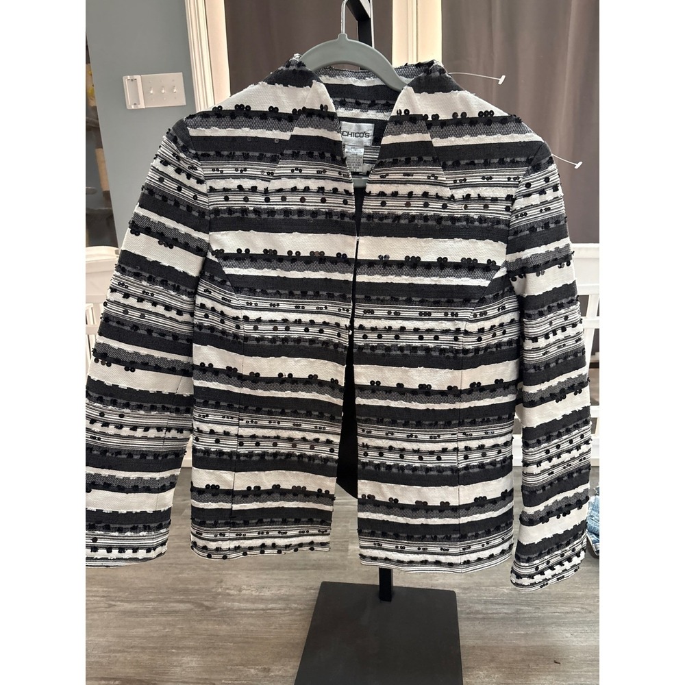 Chicos‎ Womens Black White Striped Sequin Open Front Jacket Blazer Size 1 M L